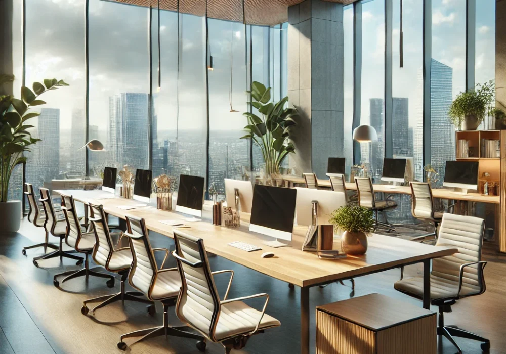 Oficina moderna y luminosa con mesas de trabajo compartidas, ordenadores, sillas ergonómicas y grandes ventanales con vistas a la ciudad